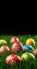 Vibrant collection of elaborately decorated eggs nestled in fresh green grass, symbolizing spring's arrival and festive traditions ,tradition ,treat ,sunny