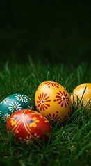 Vibrant collection of elaborately decorated eggs nestled in fresh green grass, symbolizing spring's arrival and festive traditions ,cheerful ,festive ,group