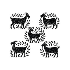 Goat and leaf sprig combo in rural Kantha embroidery style.