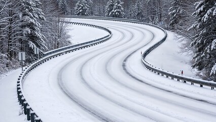 Curving highway exit ramp covered in snow with pine trees nearby  