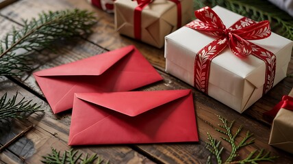 Festive christmas scene with red envelopes and wrapped gift boxes adorned with ribbons and evergreen branches on a rustic wooden surface
