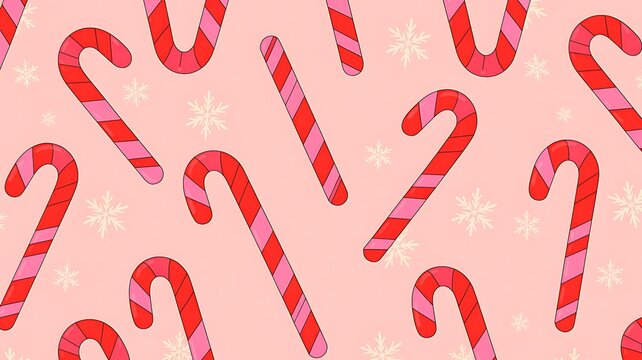 Festive repeating pattern of red and pink striped candy canes on a soft pink background with subtle snowflake accents - Powered by Adobe