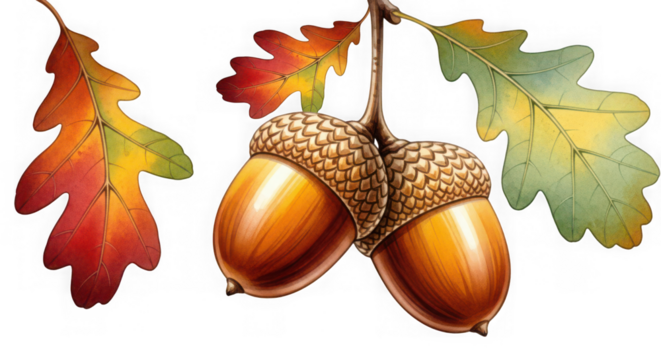 Two ripe acorns hanging from a branch with colorful autumn oak leaves, isolated on transparent background