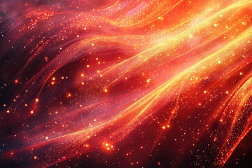 This abstract image features fiery red and golden glowing ribbons of light, interwoven with countless shimmering particles, creating a dynamic and ethereal cosmic spectacle.
