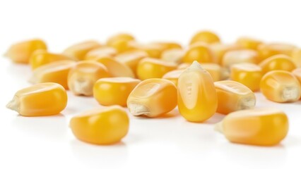 Fototapeta premium Close-up of scattered dry yellow corn kernels on a white background, shallow DOF