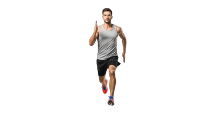 Determined athletic man running forward isolated on white background concept visualized beautifully with focus on man,