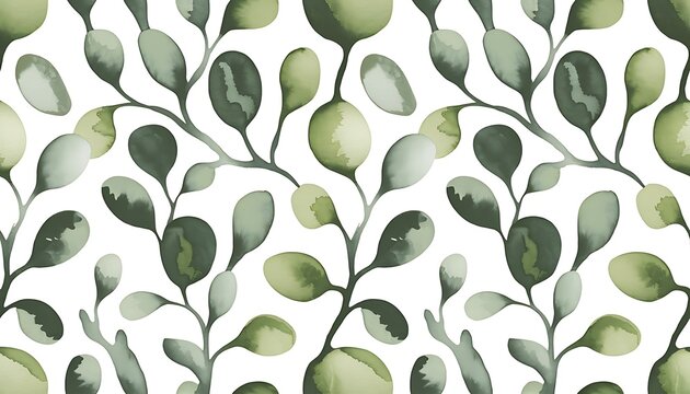 Seamless watercolor pattern of delicate green eucalyptus leaves and branches on a white background natural botanical illustration for design