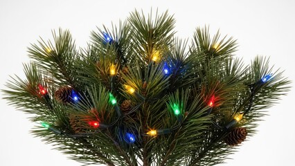 Close-up of vibrant Christmas lights and pinecones on evergreen branches, white background