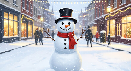 Naklejka premium Winter Holiday Scene with a Cheerful Snowman in a Snowy Town