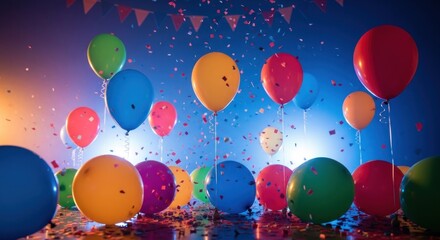 Colorful balloons and confetti fill a vibrant party scene against a blue backdrop