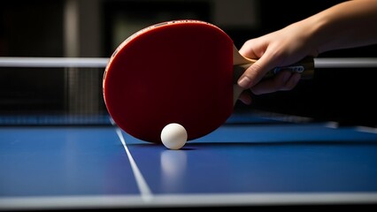 Close up of a hand holding a red ping pong paddle about to hit a white table tennis ball on a blue table with a net in the background