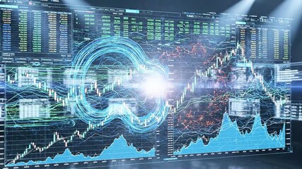 Futuristic display showing stock market data, overlaid with glowing digital graphics - Powered by Adobe