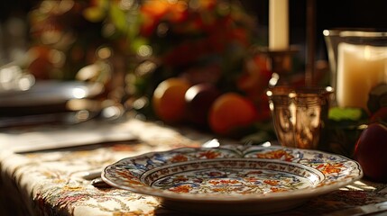 Festive table setting with ornate plate and candlelight for celebration