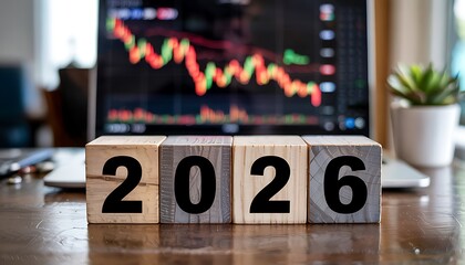 Wooden blocks displaying the year 2026 in front of a blurred stock market graph on a laptop screen symbolizing future financial planning and investment