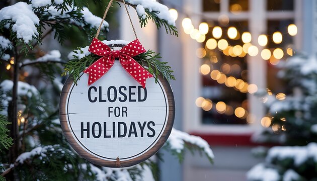 Charming oval sign declaring closed for holidays adorned with a red bow tied to a snow covered pine tree branch