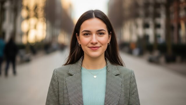 Confident young woman in a plaid blazer and light blue top smiles on an urban street