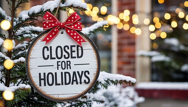 Festive christmas tree branch with snow and bokeh lights displays a closed for holidays sign tied with a red bow