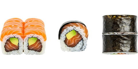 Fresh Salmon Sushi Rolls with Avocado and Maki Set Delicious Japanese Food Culinary Arts Food on transparent background