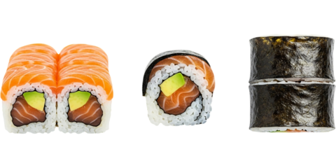 Fresh Salmon Sushi Rolls with Avocado and Maki Set Delicious Japanese Food Culinary Arts Food on transparent background