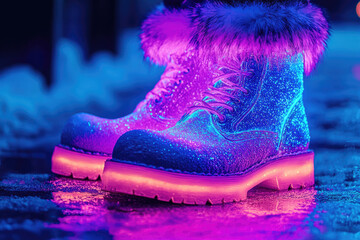 Vibrant, futuristic boots with sparkling neon blue and purple accents, fluffy pink fur, and glowing soles, reflecting magically on a wet surface.