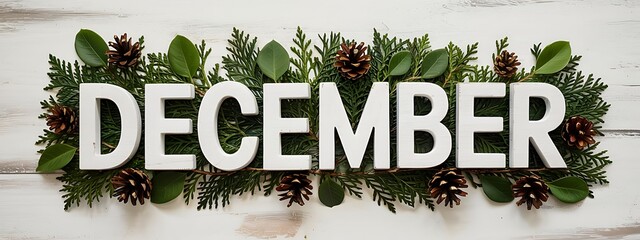 Festive white wooden letters spell out december surrounded by a beautiful natural border of evergreen branches and pine cones on a rustic white wood background