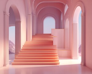 Dreamlike interior with stairs leading to nowhere and pink pastel lighting