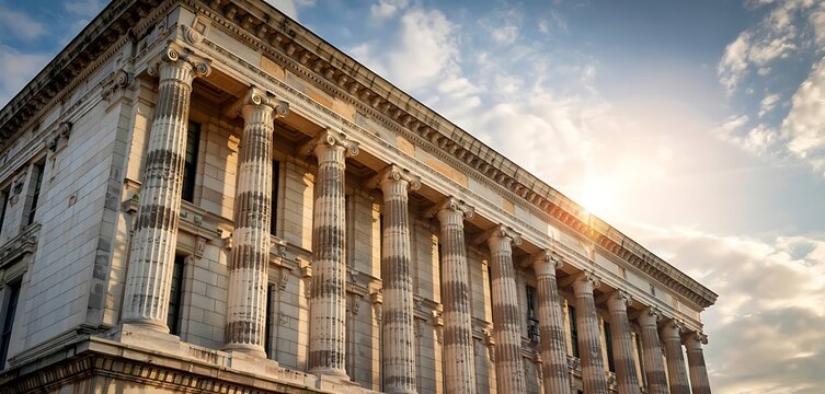 Majestic ancient roman temple facade with corinthian columns bathed in warm sunlight against a dramatic cloudy sky