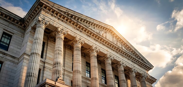 Majestic neoclassical building facade with grand columns and ornate architectural details bathed in warm sunlight and dramatic sky