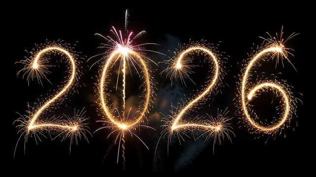 Sparkling golden numbers of the year 2026 illuminated against a dark night sky with bright fireworks and festive celebration effects