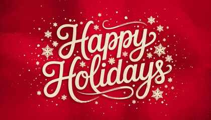 Elegant white script lettering spelling happy holidays with falling snowflakes and stars on a textured red background