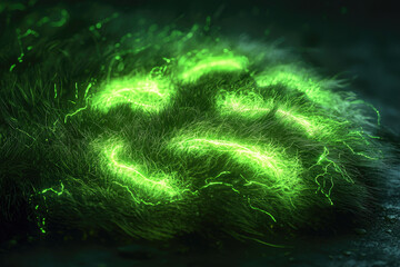 Mysterious green lightning electrifies dense, dark fur or grass, casting an intense, otherworldly glow and creating abstract energy patterns.