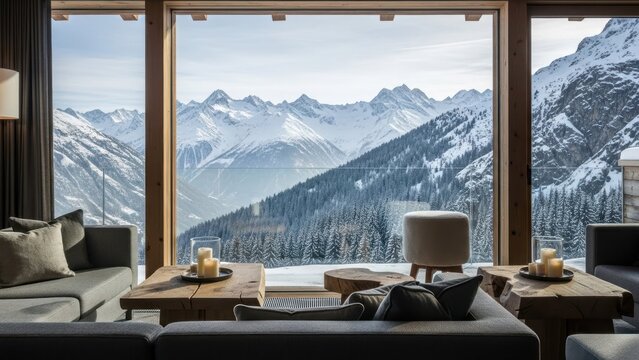 Fototapeta Cozy modern living room with large windows overlooking majestic snowy mountain range