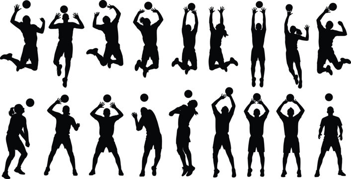 Silhouettes of athletes jumping hitting volleyball in action, competitive sport teamwork beach indoor game players dynamic movement isolated on white background - Powered by Adobe