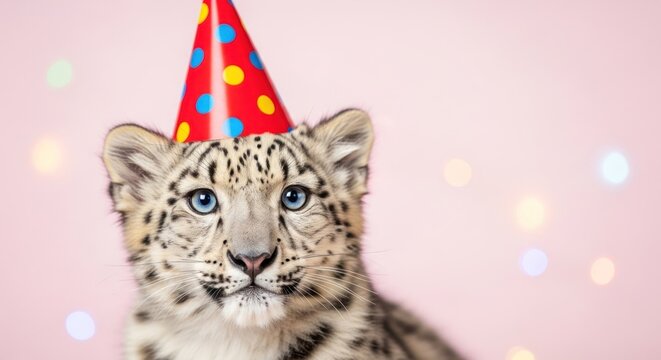 Cute snow leopard cub with blue eyes in a festive polka-dot party hat, pink background