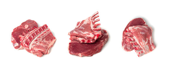 Raw lamb rack isolated, fresh mutton fillet with ribs, tenderloin pieces, mutton rump sirloin meat