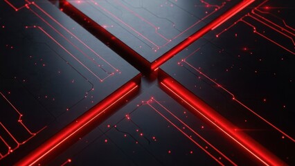 Dark futuristic circuit board with glowing red lines and digital data points