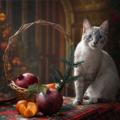 Still life with fruits and a beautiful blue-eyed cat