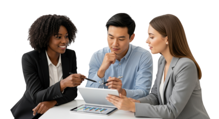 Diverse business team collaborating on digital tablet detailed photography expressing business, meeting, team designed for promotional,