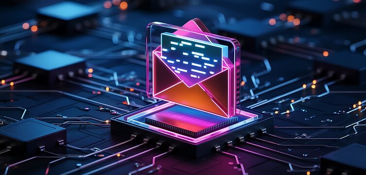 Digital envelope icon with glowing data streams emerging from a futuristic circuit board with vibrant neon lights