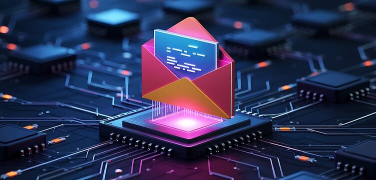 Digital communication concept of an open email envelope glowing with data emerging from a futuristic computer circuit board with glowing lights