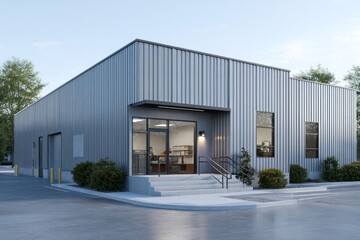 Fototapeta premium Modern industrial building features corrugated metal siding and a welcoming glass entrance