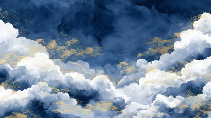 Obraz premium 水墨画風の雲海と山並み 金箔アクセントの和風背景素材