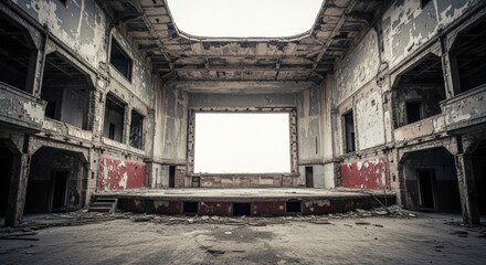 Decaying abandoned theater with peeling paint and crumbling walls, featuring a white screen