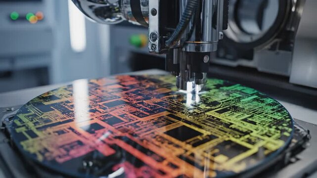 Semiconductor Wafer Fabrication Equipment - A close-up shot shows a colorful semiconductor wafer with intricate circuit patterns in a fabrication laboratory.