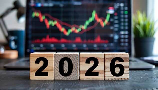 Wooden blocks displaying the year 2026 in front of a blurred stock market trading chart on a laptop screen
