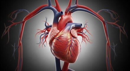 Detailed 3D rendering of a human heart and major blood vessels in vivid red and blue