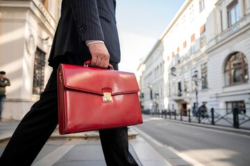 Close up of a businessman walking confidently down a city street carrying a stylish red leather briefcase