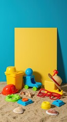 Vibrant collection of summer play items awaiting imaginative adventures under the warm sun, fostering creativity and seasonal fun ,scenario ,props ,play