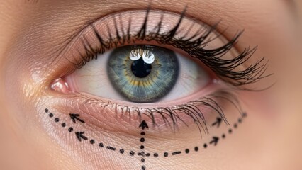 Detailed human eye with preoperative cosmetic markings on the skin below