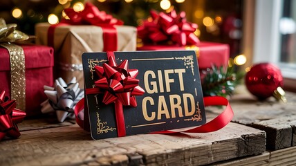 Festive holiday gift card surrounded by beautifully wrapped presents and sparkling christmas tree lights on a rustic wooden surface